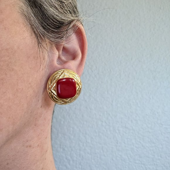 Jewelry - Vintage Gold tone and Red Medallion Earrings - 1980s, stud backs